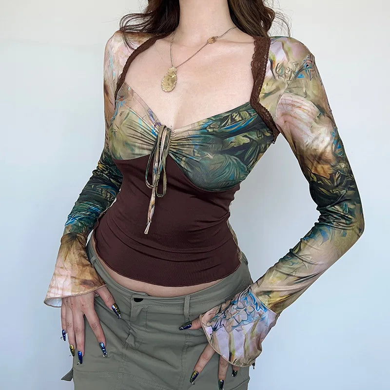 2000s Crop Top Vintage Aesthetic Graphic Floral Flared Long Sleeve T Shirts y2k Women Grunge Fairy Print Tee Streetwear