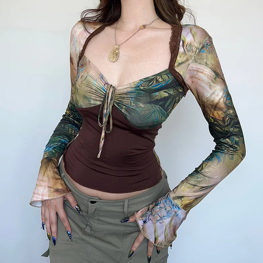 2000s Crop Top Vintage Aesthetic Graphic Floral Flared Long Sleeve T Shirts y2k Women Grunge Fairy Print Tee Streetwear