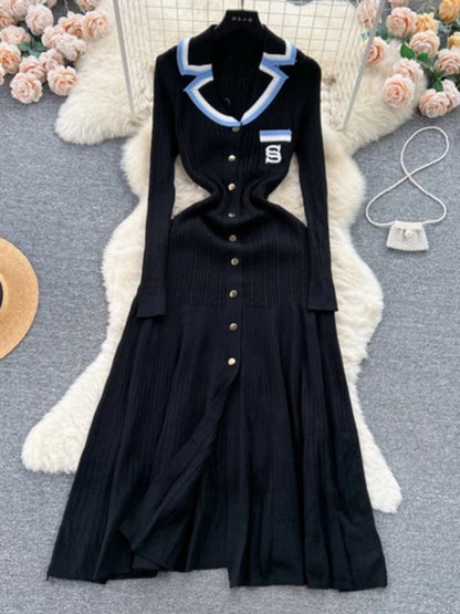 Vestido elegante de punto para mujer, primavera otoño, manga larga, sexy, cuello en V, ajustado, corte en A, suéter de una sola botonadura