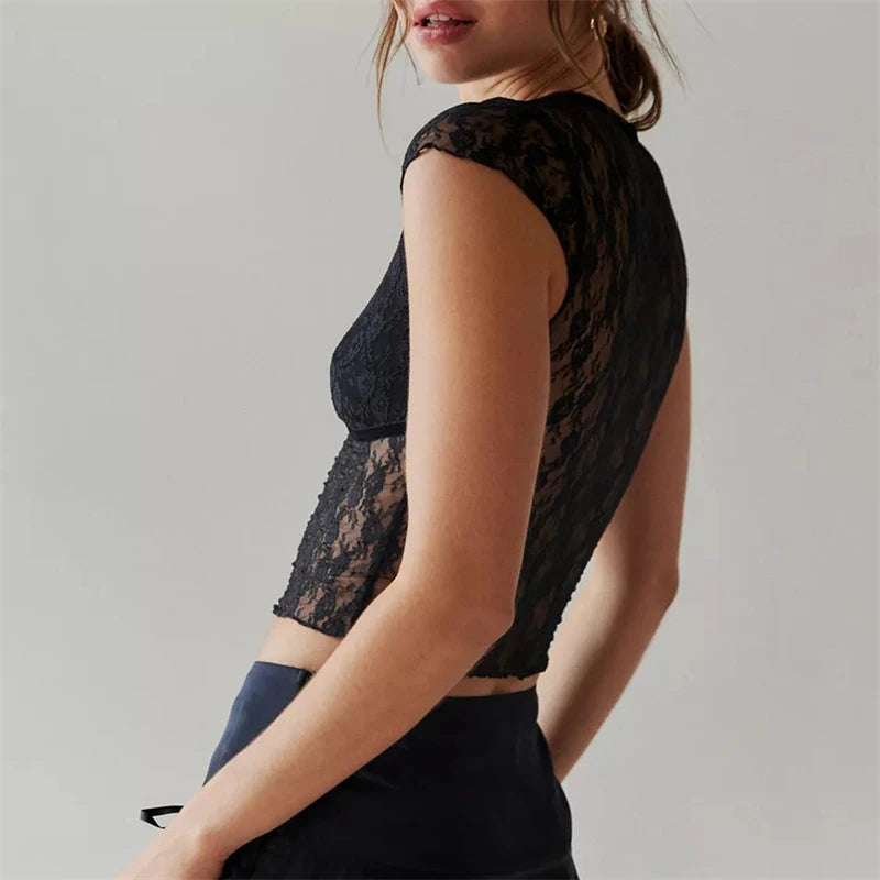 Floral Lace Sheer Crop Top y2k Aesthetic Women Sexy See Through V Neck Sleeveless Tanks Slim Fit Vest 2000s Clothing