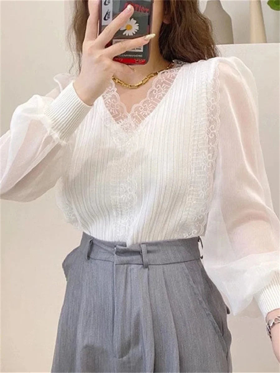 Blusas de mujer estilo primavera otoño, blusas casuales de manga larga con cuello en V y encaje DF4452