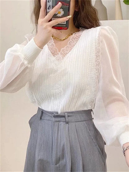 Blusas de mujer estilo primavera otoño, blusas casuales de manga larga con cuello en V y encaje DF4452