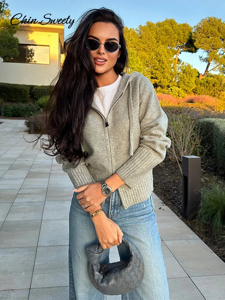 Casual Hooded Cardigans Women Gray Long Sleeve Soft Zipper Ribbed Sweater Female 2025 Spring Fashion Simple Slim-fit Top New