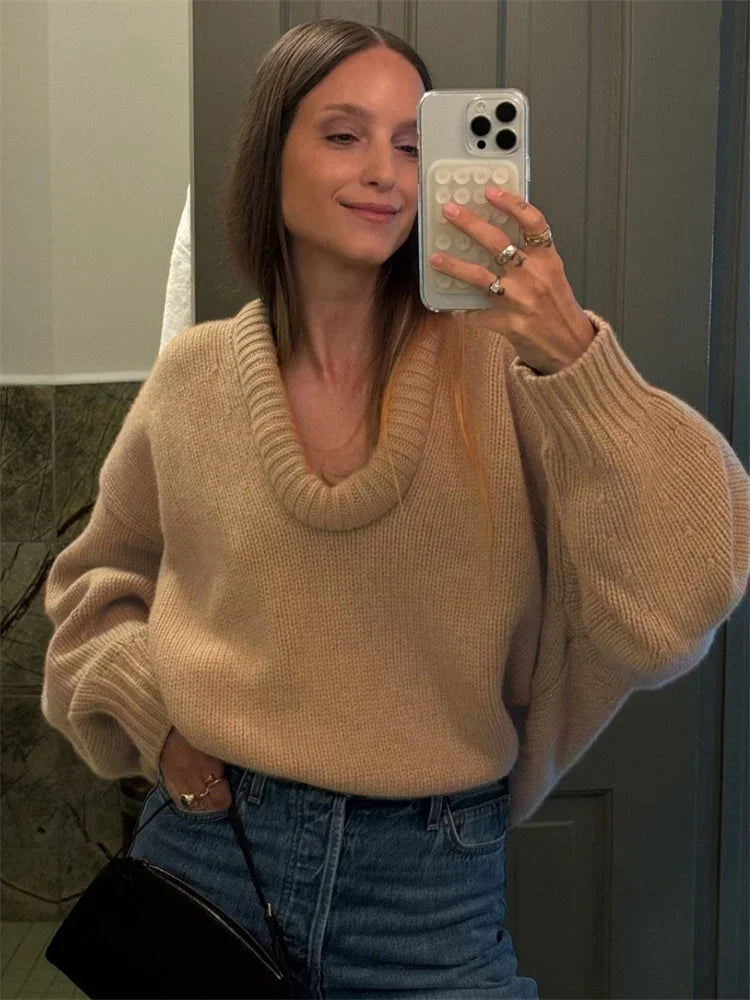 Autumn Knit Sweater Pullover Loose Female Casual Patchwork Scoop Neck Striped Long Sleeve Knitwear Women Y2k Top Pullover