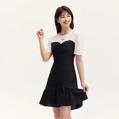 Vestido negro corto con bloques de color para mujer, elegante y de verano, con textura suave y dobladillo de sirena divertido, falda corta.