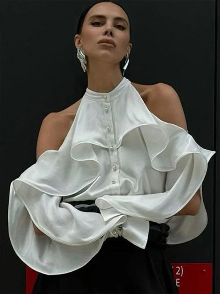 Blusa informal blanca con volantes para mujer, estilo patchwork, con hombros descubiertos, elegante, lisa, de cintura alta, estilo urbano, de verano