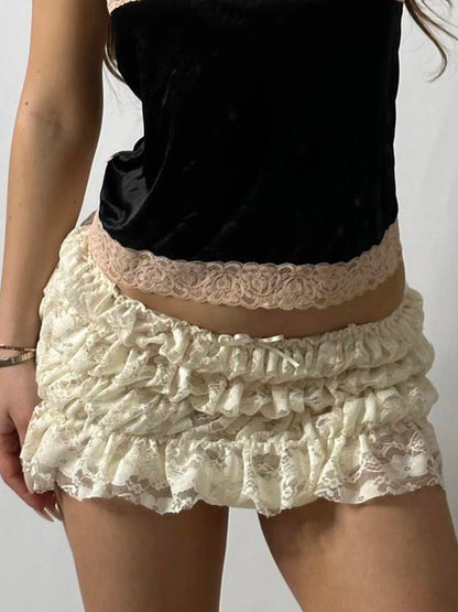 Sweet Cute Balletcore Women Mini Skirts Solid Lace Bow Ruched Cake Skirt Spring Summer Trendy Clothes