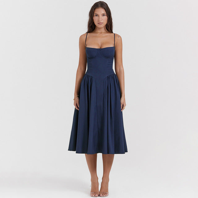 Spaghetti Strap Sleeveless A-line Midi Dress For Women Summer New Backless Pleated Slipdress Ladies Fashion Loose Dress