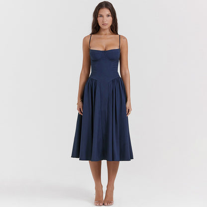 Spaghetti Strap Sleeveless A-line Midi Dress For Women Summer New Backless Pleated Slipdress Ladies Fashion Loose Dress