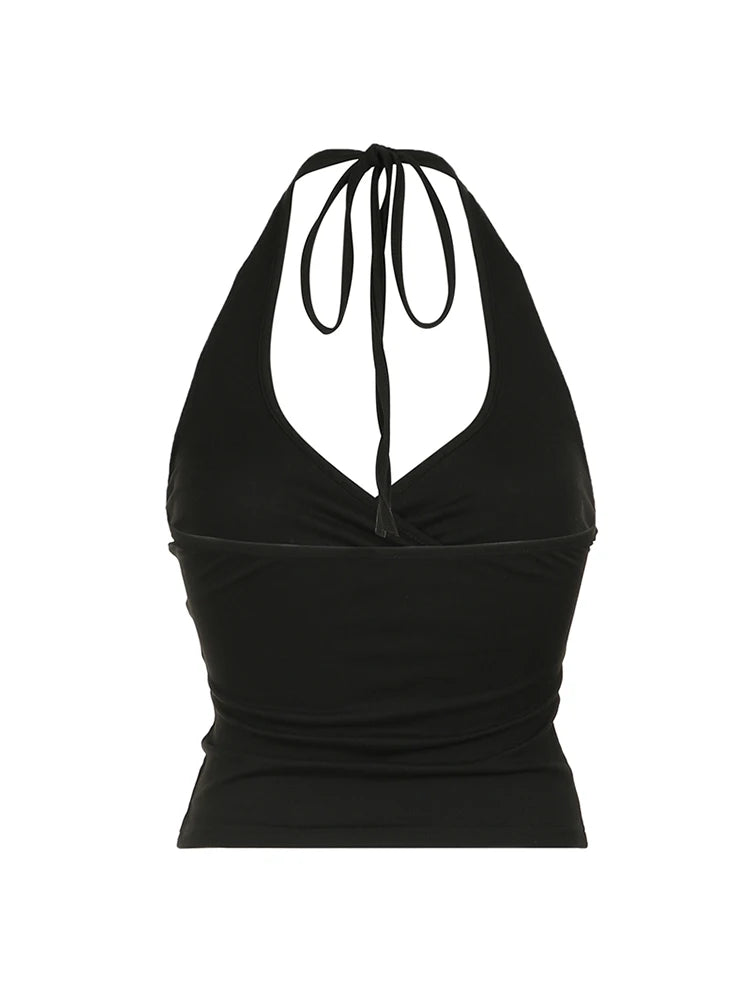 Top corto con cuello en V y lazo cruzado para mujer, liso, básico, informal, ajustado, sin espalda, sexy, sin mangas