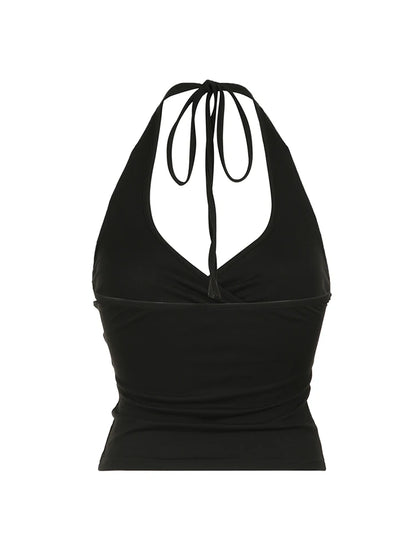 Top corto con cuello en V y lazo cruzado para mujer, liso, básico, informal, ajustado, sin espalda, sexy, sin mangas