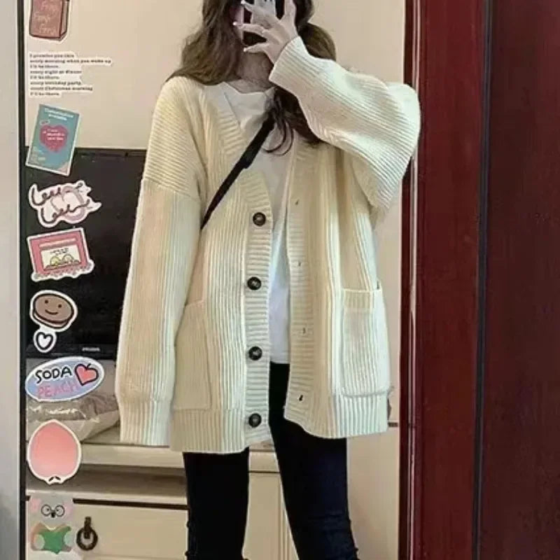 Suéteres y cárdigans para mujer, abrigos, moda Otoño Invierno, chaquetas de punto holgadas de manga larga con cuello en V, suéteres informales tipo cárdigan