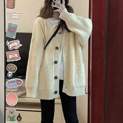 Suéteres y cárdigans para mujer, abrigos, moda Otoño Invierno, chaquetas de punto holgadas de manga larga con cuello en V, suéteres informales tipo cárdigan