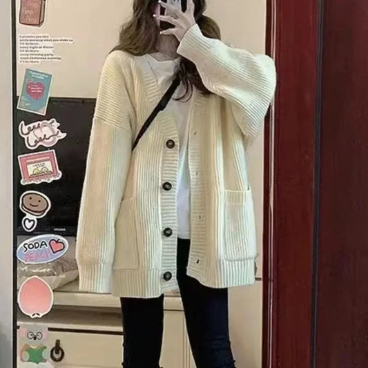 Suéteres y cárdigans para mujer, abrigos, moda Otoño Invierno, chaquetas de punto holgadas de manga larga con cuello en V, suéteres informales tipo cárdigan
