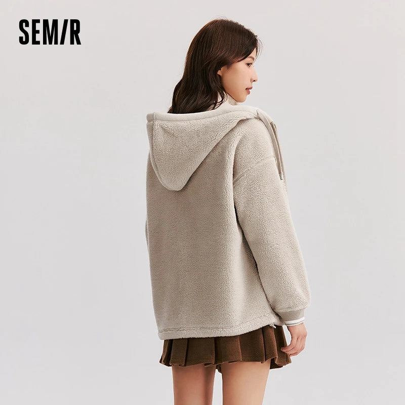 Abrigo de lana de cordero sintética para mujer, forro polar de doble cara, holgado, nuevo, de invierno, con capucha sencilla y en contraste de colores.