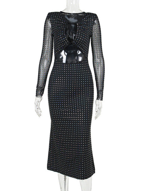 Elegant Sequin Sparkle Sexy Maxi Dress For Women Fashion Hollow Out Sheer Long Sleeve Bodycon Club Party Long Dress