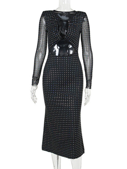 Elegant Sequin Sparkle Sexy Maxi Dress For Women Fashion Hollow Out Sheer Long Sleeve Bodycon Club Party Long Dress
