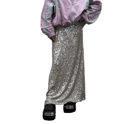 Sequin Long Skirts for Women Solid Color Elastic High Waist Skirt Fashion Elegant Ladies Evening Party Skirt Clubwear