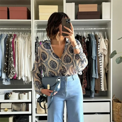 Camisa con estampado de líneas metálicas y escote en V, informal, holgada y versátil, de nueva moda de primavera para mujer
