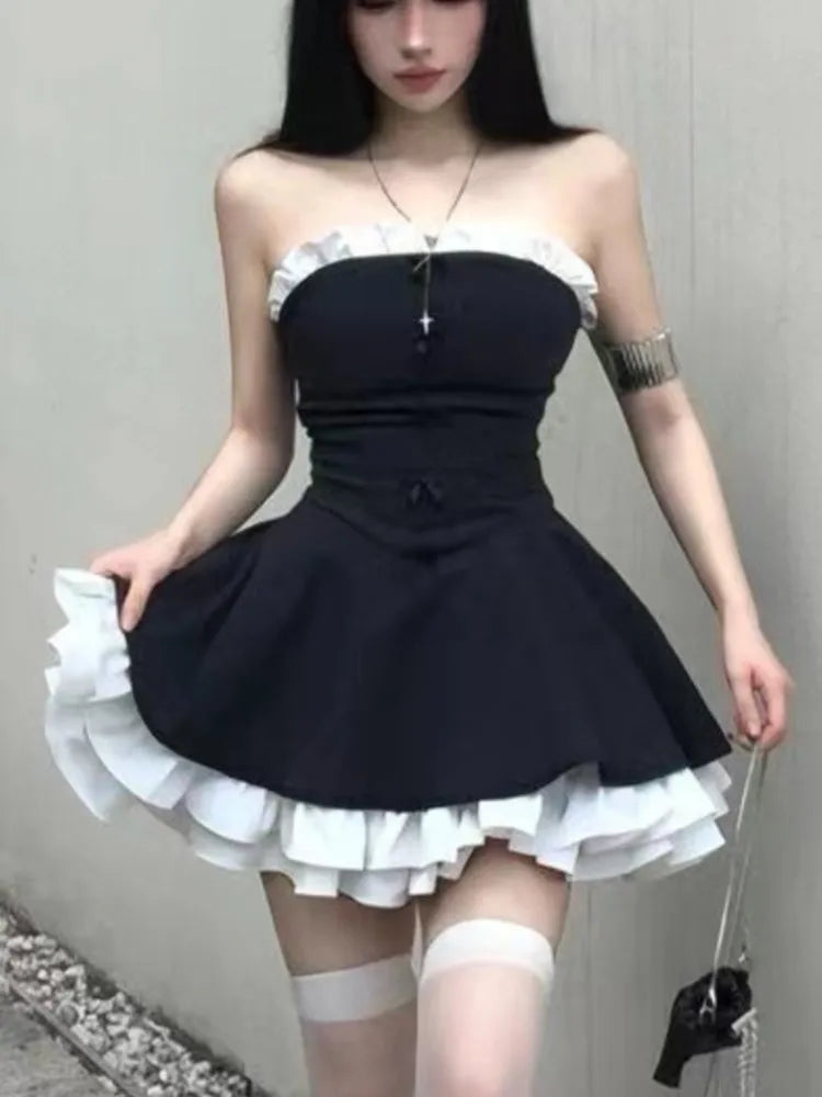 Vestido de fiesta de cumpleaños Y2K sin tirantes con retazos y volantes, corte A, corto, para mujer, vestido de baile francés de una pieza