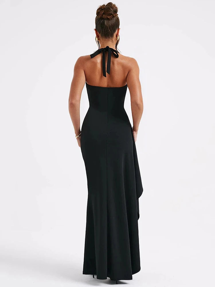 Vestido largo sexy con escote en V profundo y abertura hasta el muslo para mujer, estilo halter, sin mangas, espalda descubierta, ajustado, para fiesta y club, nuevo