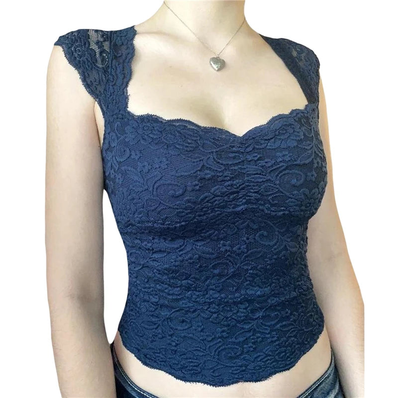 Top corto de encaje Y2K de los años 2000 con cuello en V y sin mangas para mujer, camiseta de estilo dulce, ropa de calle Kawaii E Girl