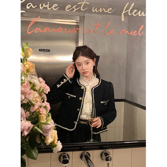 Chaquetas de tweed cortas vintage para mujer, elegante abrigo negro grueso, blazer coreano de una sola botonadura, prendas de abrigo cortas informales y cálidas