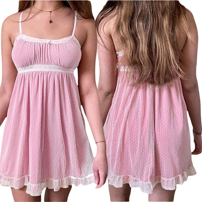 y2k Kawaii Pink A-line Dress  Summer Women Lace Mini Sundress Fashion Harajuku Sweet E Girl Clothes Streetwear