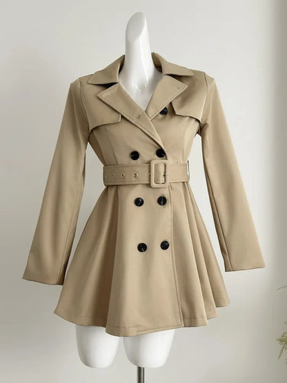 Autumn New Korean Chic Elegant Trench Coat Dresses for Women with Belt Turn-down Collar Double Breasted Casual Female Clothing