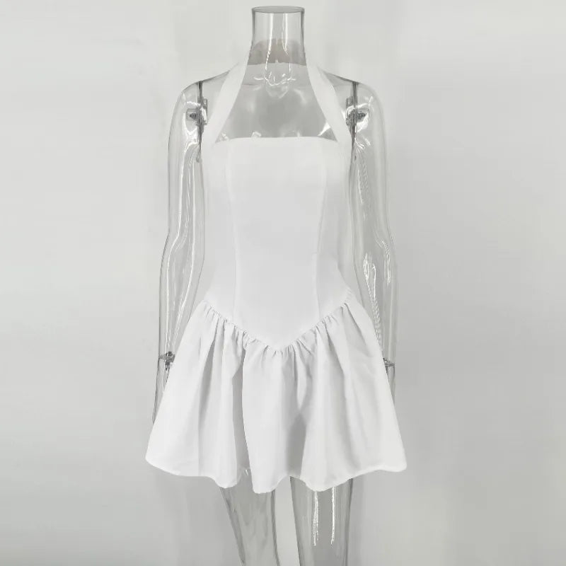 Vestido blanco con cuello halter para mujer, elegante, sin mangas, ajustado, corto, corte A, con parches, para playa y vacaciones.