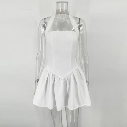 Vestido blanco con cuello halter para mujer, elegante, sin mangas, ajustado, corto, corte A, con parches, para playa y vacaciones.
