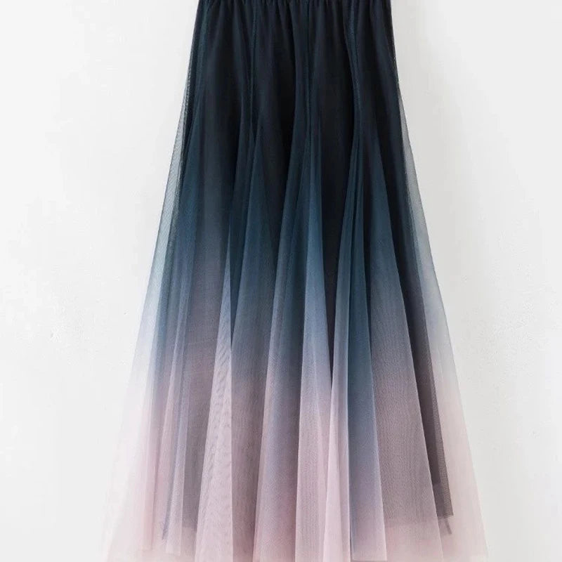 Faldas elegantes de tul para mujer, cintura alta, malla degradada, plisadas, midi, coreanas, elásticas, sueltas, informales, combinables, línea A