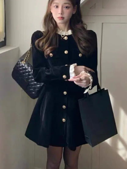 Autumn Black Velvet Dresses for Women Long Sleeve Single Breasted Evening Party Dress Korean Fashion A-line Vestido Mujer New