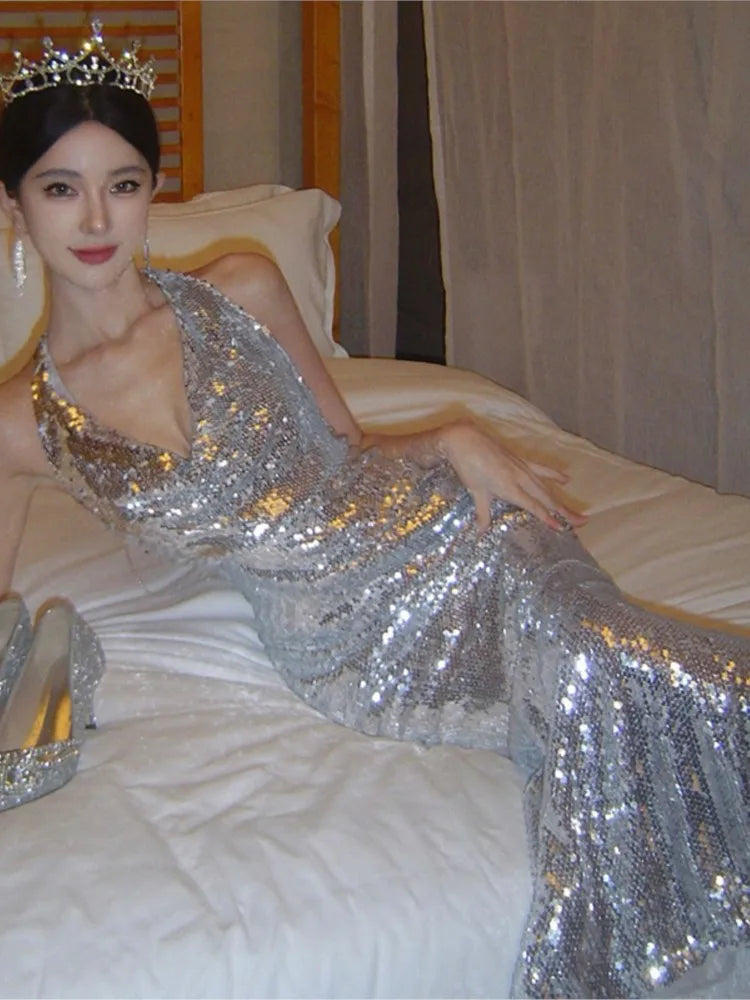 Vestido de fiesta de noche sexy ajustado con lentejuelas, escote en V, espalda descubierta, sin mangas, para boda, sirena, largo, nuevo