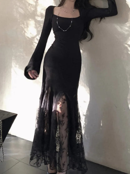 New Spring Summer Vintage Bodycon Solid Chic Women Black Dress Elegant Slim Lace Patchwork Party Prom Vestidos Female Clothes