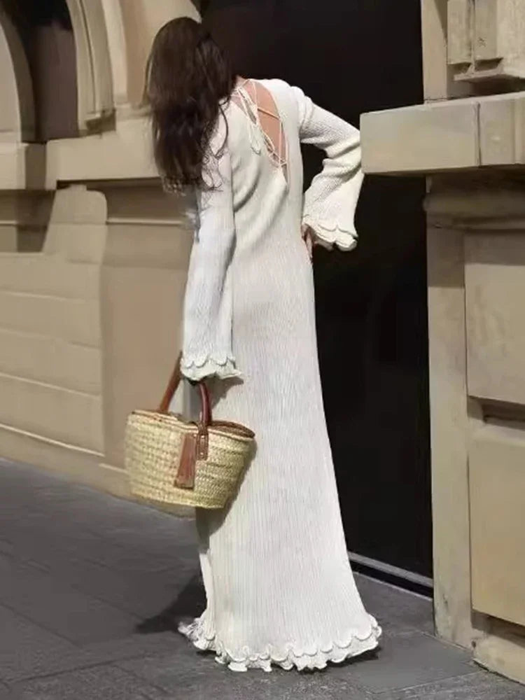 Solid Long Sleeve Slim Maxi Fungus Dress For Women Backless Elegant Long Dress Club Party Clothes Autumn Winter 2025 New
