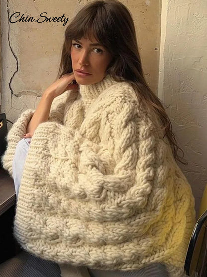 Knit Oversize High Neck Jumper Sweater Women Lazy Round Neck Ribbed Pullover Female  Autumn Winter Thick Warm Lady Knitwear