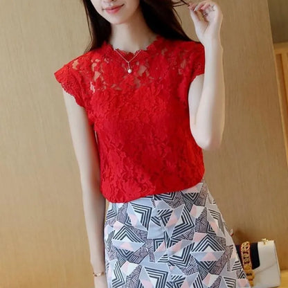 Blusa de encaje calado de verano, elegante, para mujer, de crochet, de manga corta, DF1591