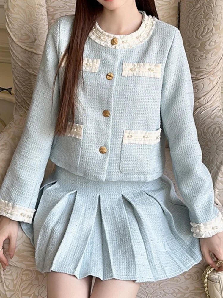 Spring Summer Women Fashion Korean Skirts Suit Elegant Chic Solid Coat A-Line Pleated Skirts Two Pieces Set Female Clothes New
