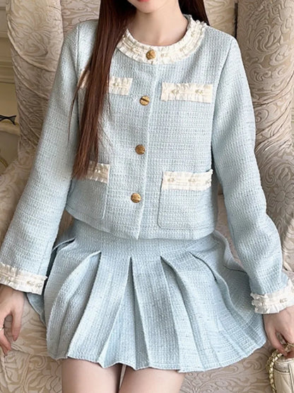 Spring Summer Women Fashion Korean Skirts Suit Elegant Chic Solid Coat A-Line Pleated Skirts Two Pieces Set Female Clothes New
