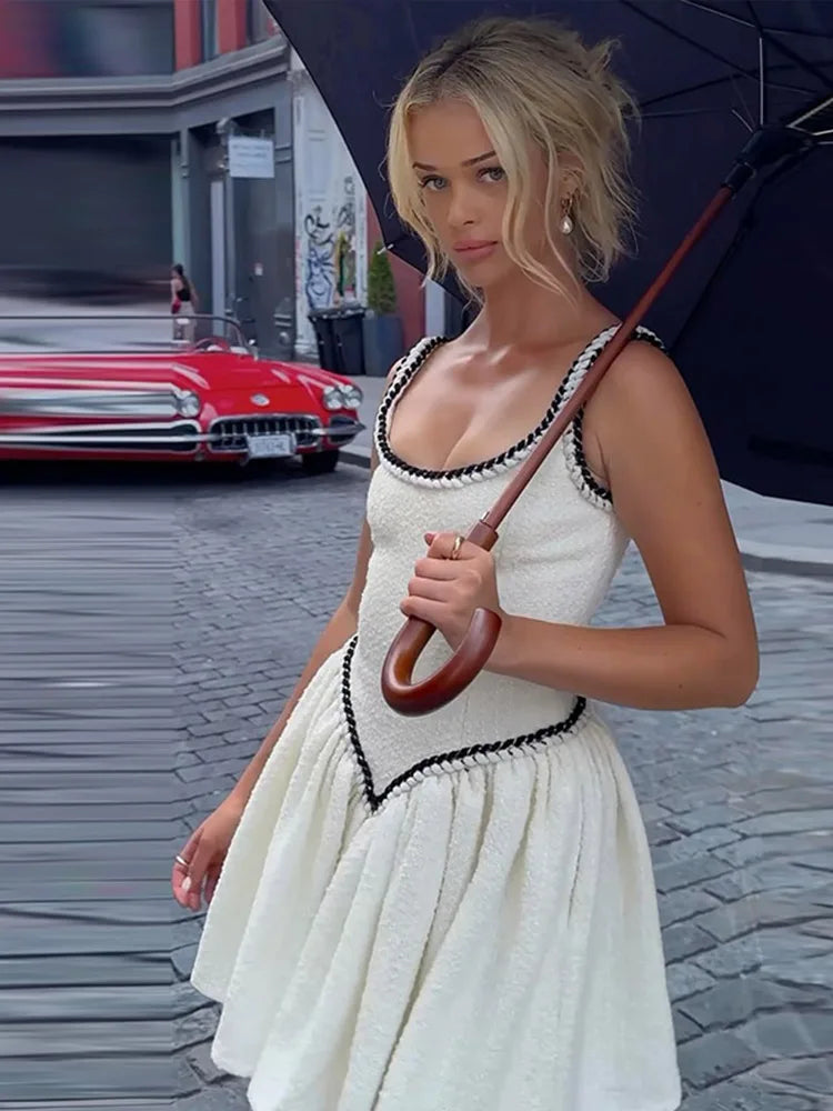 Elegante vestido corto sin mangas con diseño de patchwork para mujer, sexy, bajo, ajustado, plisado, elegante, para fiesta en la calle