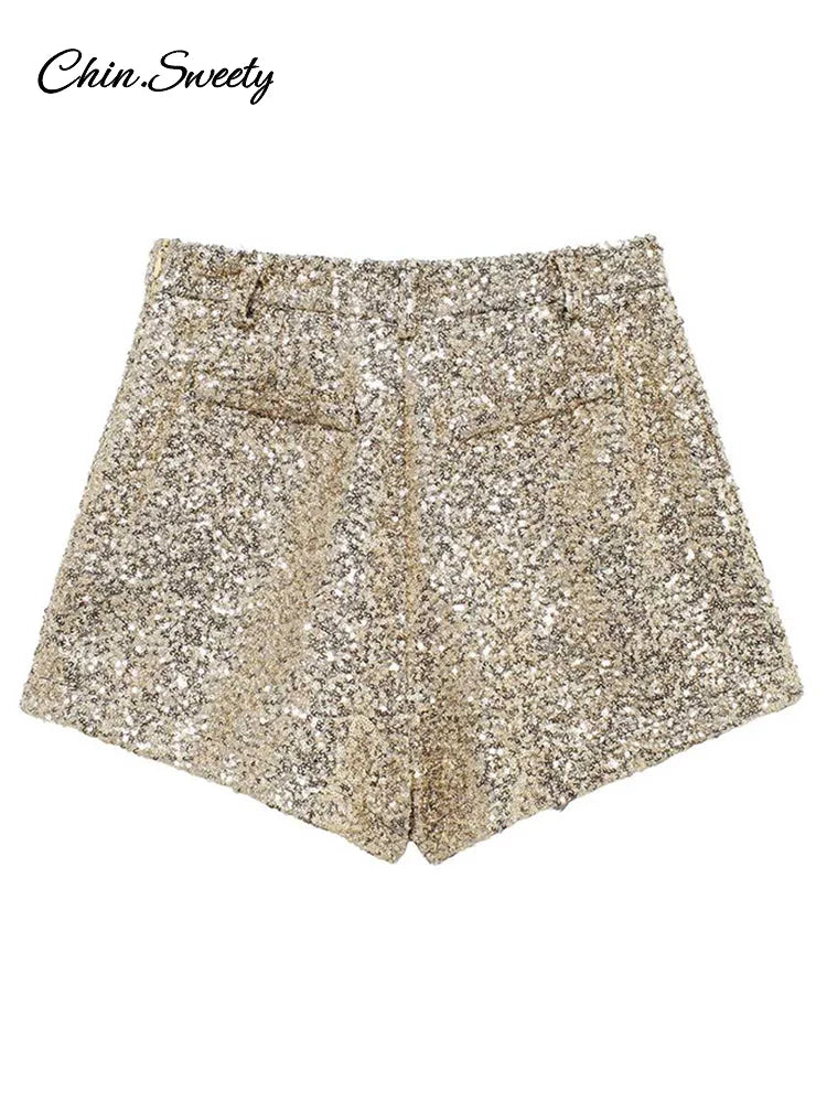 Y2K Sequin High Waist Shorts Women Fashion Lady Solid Shiny All-matching Short Pant 2025 Spring Summer Female Glitter Streetwear