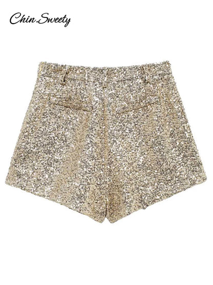 Y2K Sequin High Waist Shorts Women Fashion Lady Solid Shiny All-matching Short Pant 2025 Spring Summer Female Glitter Streetwear