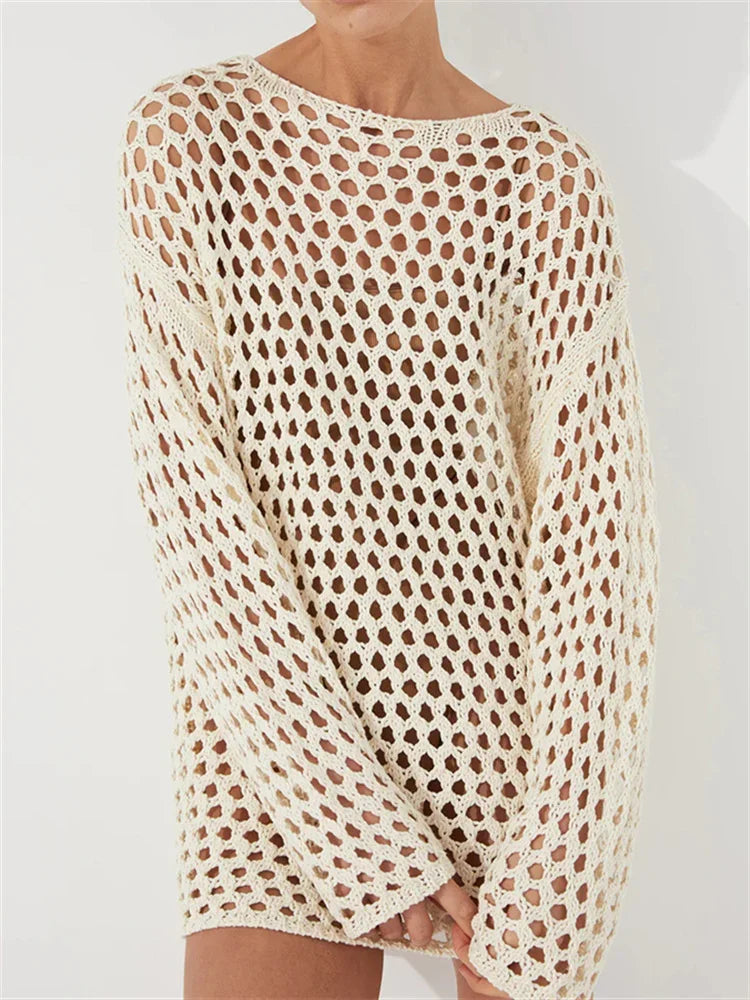 Sexy Hollow Out Knit Cover Up Dress For Women See-Through Loose Beach Holiday Mini Dress Summer Splice Knitwear Cover up