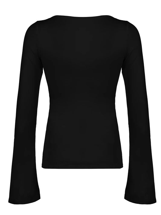 Blusas elegantes con escote en V y lazo negro para mujer, ajustadas y sexis, de manga larga acampanada, lisas, básicas, de moda para primavera y otoño.