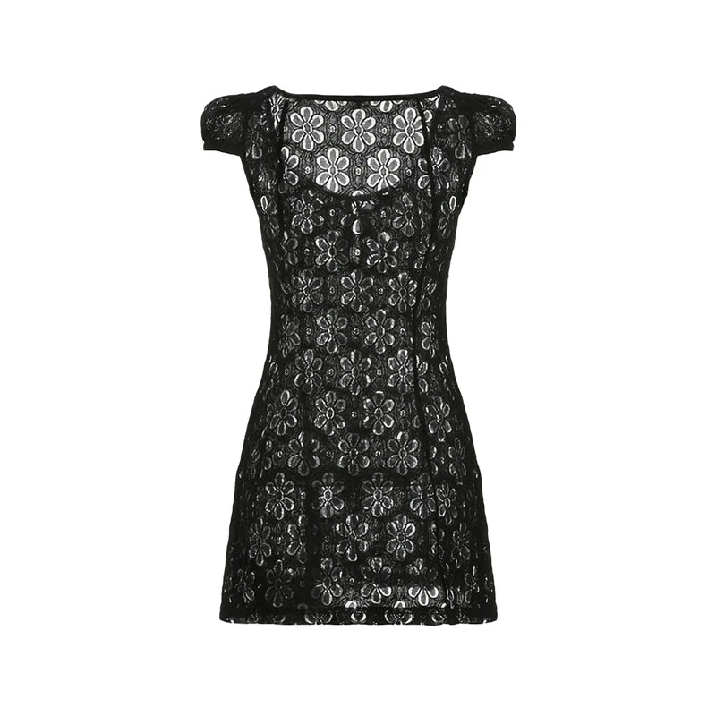 y2k Going Out Mini Lace Dress Summer Women See Through Short Sleeve V Neck Hollow Out Button Down A Line Dress Clubwear