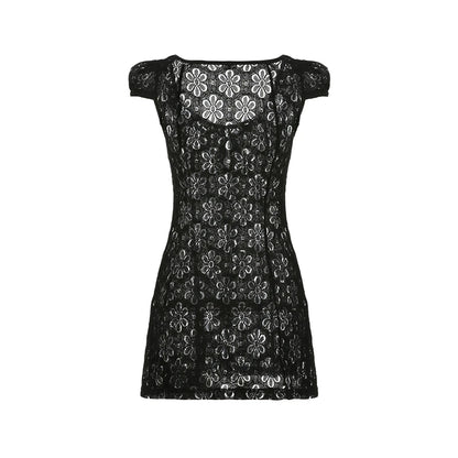 y2k Going Out Mini Lace Dress Summer Women See Through Short Sleeve V Neck Hollow Out Button Down A Line Dress Clubwear