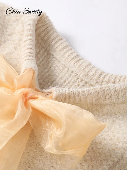 Mohair Knitted Short Sleeve Cardigan Women Lace Bow Single Breasted O-neck Slim Sweater  Autumn Winter Fashion Lady Knitwear