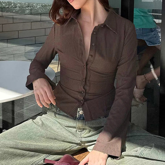 Blusa vintage de rayas marrones para mujer, camiseta ajustada de moda urbana, top informal con botones de los años 2000, conjuntos de otoño para mujer