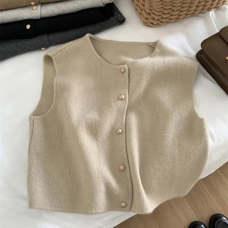 Cárdigan de otoño para mujer, suéter coreano elegante de punto sin mangas, informal, ajustado, a la moda